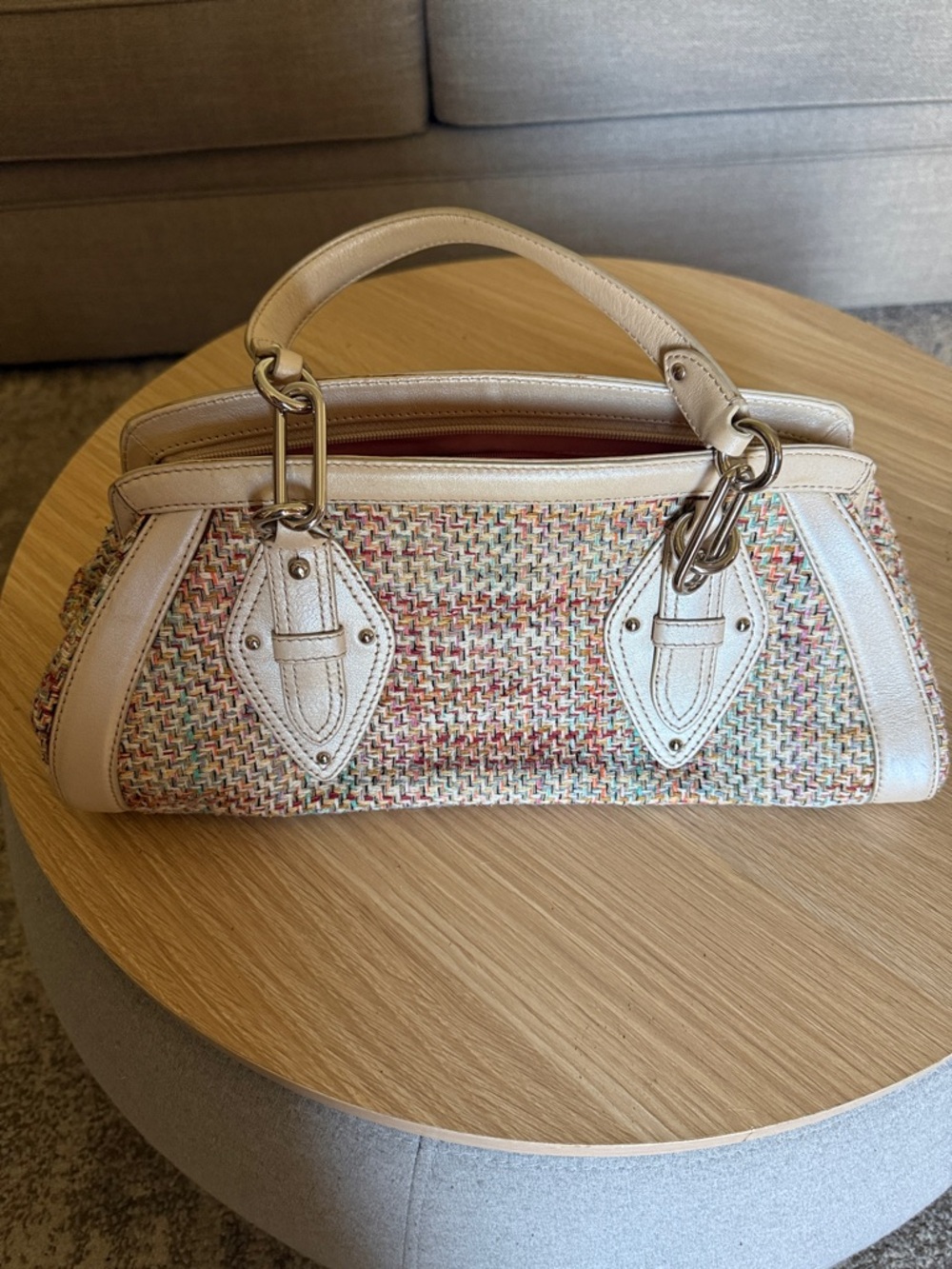Vintage Cole Haan Trinity Silk Tweed Shoulder Bag with Cream Leather Trim
